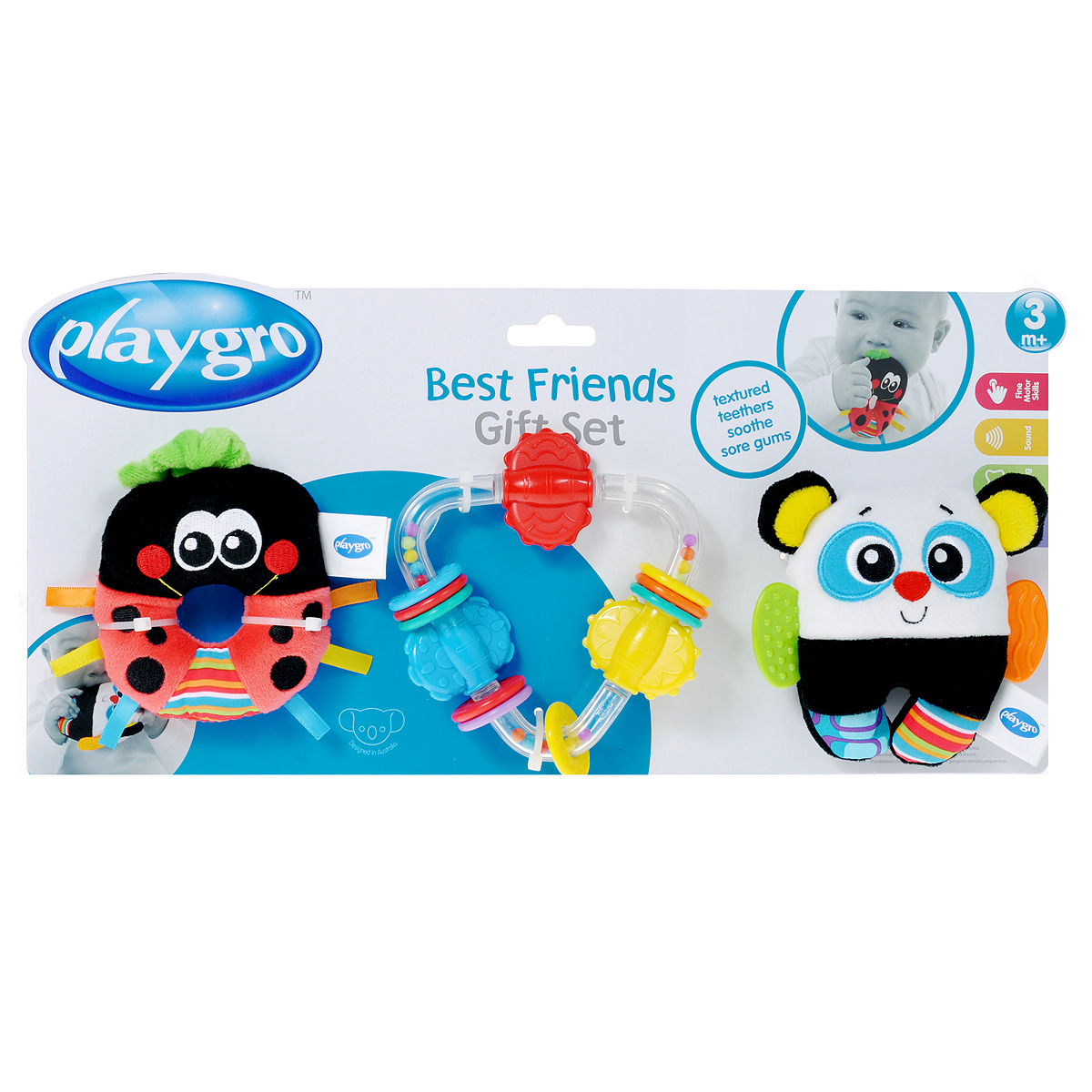 Игровой набор Playgro Best Friends182431 Игровой набор Playgro Best Friends182431Игровой набор Playgro Best Friends не оставит вашего малыша равнодушным и не позволит ему скучать! Набор состоит из трех оригинальных игрушек-погремушек: мягкой божьей коровки, мягкой панды с прорезывателями для зубов и пластиковой игрушки треугольной формы. Божья коровка изготовлена из современных, легких материалов разных цветов и фактур. Внутри нее расположена сфера, гремящая при тряске. Панда также изготовлена из современных, легких материалов разных цветов и фактур. По бокам игрушка дополнена двумя небольшими прорезывателями, а внутри расположены шуршащие элементы и сфера, гремящая при тряске. Третья погремушка выполнена из безопасного пластика и представляет собой треугольник с закругленными углами. На каждой стороне треугольника расположен вращающийся элемент. Между элементами находятся по три цветных колечка, которые малыш сможет передвигать и вращать. Стенки треугольника прозрачные, внутри него находятся маленькие разноцветные шарики, которые перекатываются и гремят при...