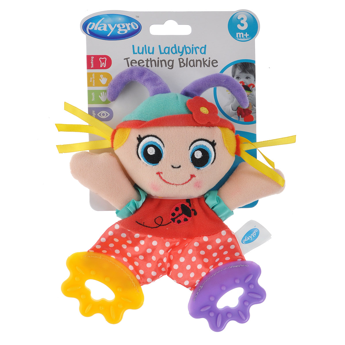 Игрушка-прорезыватель Playgro Божья коровка0183154 Игрушка-прорезыватель Playgro Божья коровка0183154Очаровательная игрушка-прорезыватель Playgro Божья коровка станет верным другом для вашего малыша. Она выполнена из мягкого нежного текстурного материала в виде очаровательной мягкой божьей коровки с прорезывателями вместо ножек, которые благодаря рельефной поверхности помогут крохе снять неприятные ощущения при появлении зубов. Форма игрушки удобна для маленьких детских ручек. Малыш сможет ее держать и перекладывать из одной ручки в другую. Игрушка-прорезыватель Playgro Божья коровка поможет ребенку развить цветовое восприятие, тактильные ощущения и мелкую моторику рук, а также поможет в период прорезывания зубиков.
