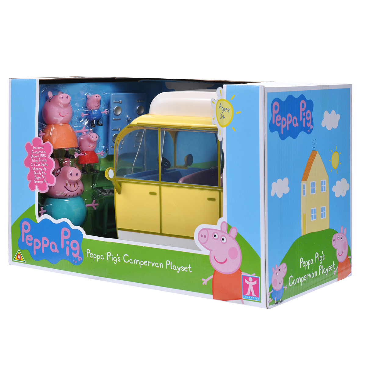 Игровой набор Peppa Pig Кемпинг Пеппы19070 Игровой набор Peppa Pig Кемпинг Пеппы19070Мультфильм «Свинка Пеппа» настолько обожаем малышами, что они ждут каждую его серию с огромным нетерпением. А с игровым набором «Кемпинг Пеппы» они могут не только наблюдать за приключениями веселой свинки, но и участвовать в них! Счастливая семья приезжает за город на пикник, на крыше фургона выдвигает тент, чтобы защититься от палящих лучей солнца, вытаскивает сидения из машинки и уютно располагается на природе за столиком, пока папа Свин жарит шашлык на мангале. Набор содержит автомобиль-фургон с выдвижным тентом и съемными сидениями, мангал, столик для пикника, четыре фигурки (Пеппа, Джордж, мама, папа) и дополнительные аксессуары. Во время такой сюжетно-ролевой игры у ребенка отрабатываются навыки общения, вырабатываются семейные и общечеловеческие ценности, развиваются кругозор, словарный запас и воображение. И все это сопровождается бурным восторгом от увлекательной игры с любимыми персонажами, которые могут сидеть, стоять, двигать ручками и ножками! ...