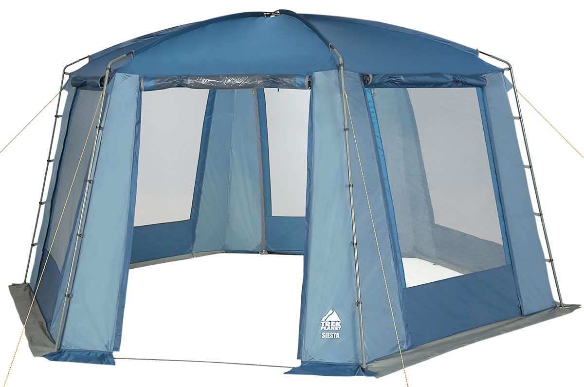 Шатер-тент TREK PLANET SIESTA, шестиугольной формы, 460 см х 400 см х 210 см, цвет: синий, голубой70258 Шатер-тент TREK PLANET SIESTA, шестиугольной формы, 460 см х 400 см х 210 см, цвет: синий, голубой70258Универсальный шатер шестиугольной формы TREK PLANET Siesta с огромным внутренним помещением отлично подойдет как для дачи, так и для кемпинга. При открытых по всему периметру больших окнах - очень хорошо проветривается, а москитная сетка защищает от назойливых комаров и мух. При полностью закрытых шторками окнах - дает 100% защиту от дождя и непогоды. Особенности шатра: - легко собирается и разбирается; - устойчив на ветру; - тент шатра из полиэстера, с пропиткой PU водостойкостью 2000 мм, надежно защитит от дождя и ветра, все швы проклеены; - каркас: боковые стойки из стали, потолочные дуги из прочного стеклопластика; - большие москитные сетки во всю ширину окон и дверей; - защитные шторы на каждом окне и двери; - два входа в шатер; - защитным полог по всему периметру защищает от ветра, дождя и насекомых; - возможность подвески фонаря в палатке. - диаметр стальных боковых стоек палатки: 19 мм. ...