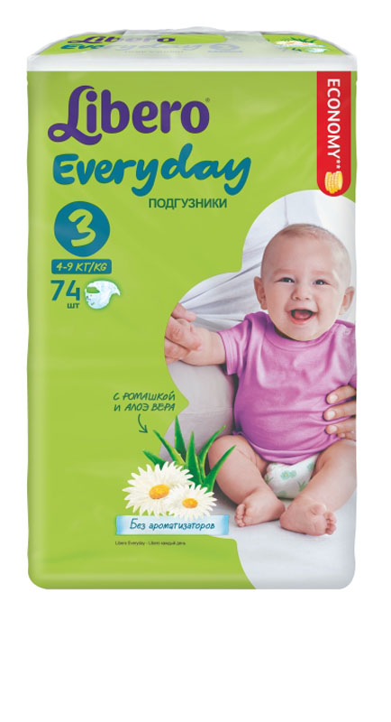 Libero Подгузники Everyday (4-9 кг) 74 шт5667 Libero Подгузники Everyday (4-9 кг) 74 шт5667Подгузники Либеро Эвридэй Миди 4/9 кг (74 штуки) Подгузники Libero Everyday содержат натуральные ингредиенты ромашки и алоэ вера и не содержат ароматизаторов. Ромашка известна своим антисептическим и успокаивающм свойством. Алоэ обладает антибактериальным эффектом. Libero Everyday с экстрактом ромашки и алоэ вера. Естественная забота для самой нежной кожи. Без ароматизаторов. ...