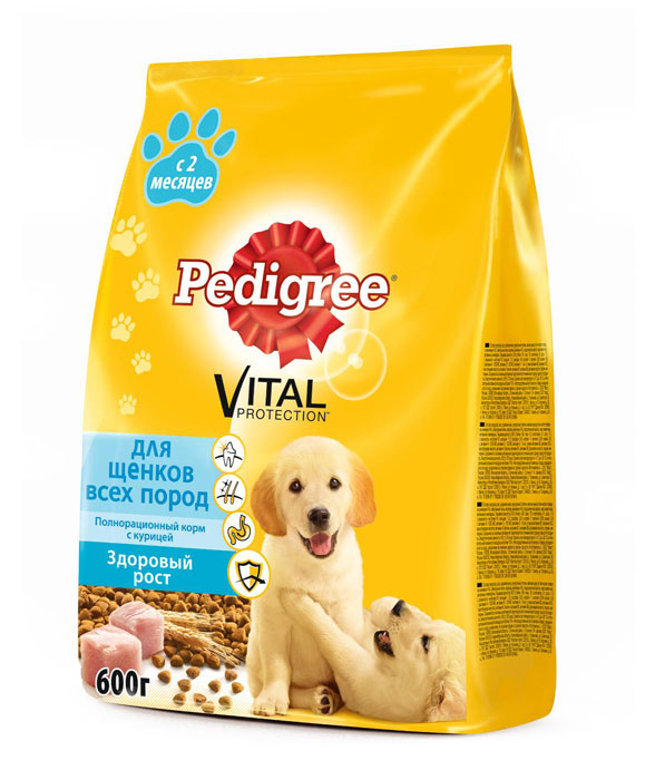 Корм сухой Pedigree для щенков всех пород, с курицей, 600 г37961 Корм сухой Pedigree для щенков всех пород, с курицей, 600 г37961Сухой корм Pedigree с курицей - это полнорационный корм для щенков в возрасте от 2 месяцев, созданный с учетом потребностей щенков в период наиболее интенсивного роста. Он состоит из качественных и натуральных ингредиентов: мяса, овощей, злаков. Поэтому Pedigree способствует здоровому росту и гармоничному развитию вашего щенка. Он также создан с учетом особенностей пищеварения самых маленьких, легко усваивается и обеспечивает правильную работу их желудочно-кишечного тракта. Баланс кальция и фосфора для поддержания здорового развития зубов. Линолевая кислота и цинк необходимы для здоровья кожи и шерсти. Высокоусвояемые ингредиенты и клетчатка для оптимального пищеварения. Витамин E и цинк поддерживают иммунную систему. Состав: куриная мука, пшеница, рис, свекольный жом, кукуруза, мясная мука, подсолнечное масло, жир животный, пивные дрожжи, минералы, витамины, глюкозамин. Пищевая ценность (на 100 г): белки – 30 г; жиры – 12 г; зола – 7 г; клетчатка – 4 г;...