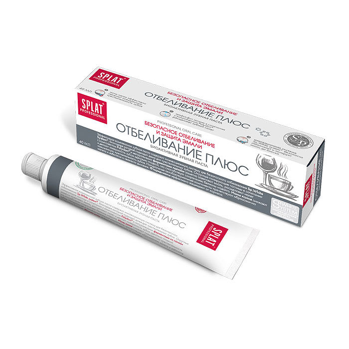 Splat Professional Зубная паста White Plus / Отбеливание плюс, 40 млКО-175 Splat Professional Зубная паста White Plus / Отбеливание плюс, 40 млКО-175Безопасное отбеливание и защита эмали. Эффективная комплексная зубная паста содержит инновационную систему для безопасного отбеливания Sp.White system, благодаря которой зубы становятся светлее на 1,5 тона за 4 недели использования. Ионы калия заботятся о зубах в случае их повышенной чувствительности. Идеально подходит любителям кофе, чая и тем, кто курит. Не повышает чувствительность зубов. Округлые полирующие частицы в сочетании с компонентом Polydon и натуральными ферментами из папайи заметно осветляют эмаль, расщепляют налет в труднодоступных местах и делают поверхность зубов идеально гладкой, что способствует сохранению белизны надолго. Ионы калия снижают повышенную чувствительность зубов. Натуральные антибактериальные компоненты препятствуют образованию налета и заботятся о свежести дыхания. Фторид-ионы эффективно защищают от кариеса. Содержит фтор (1000 ppm). Клинически доказано: Отбеливающий эффект - 1,5 тона за четыре недели...