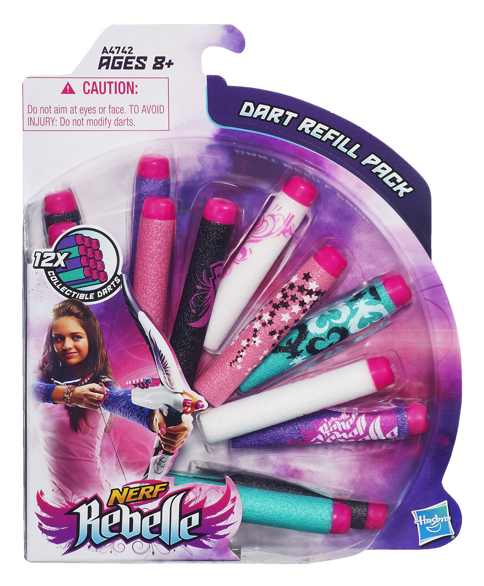 Nerf Rebelle Набор стрел, 12 штA4742E27 Nerf Rebelle Набор стрел, 12 штA4742E27Набор Nerf Rebelle состоит из 12 безопасных стрел яркого цвета, выполненных из мягкого и гибкого вспененного полимера с пластиковым наконечником. Обтекаемая и динамичная конструкция дротиков позволяет стрелять более прицельно, делая игру еще более интересной. Оформлены стрелы яркими рисунками. Набор стрел Nerf Rebelle подходит для бластеров Nerf Rebelle.