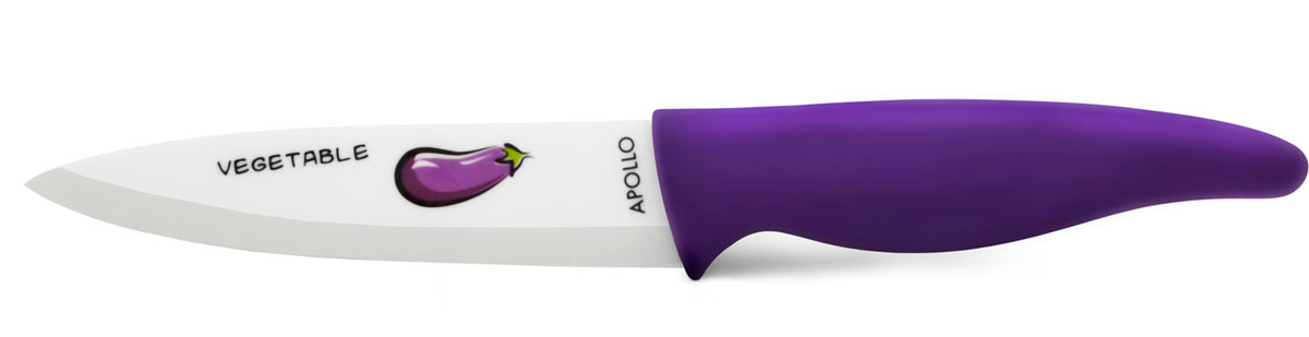 Нож универсальный Apollo Gourmet, керамический, длина лезвия 12 смGRM-12 Нож универсальный Apollo Gourmet, керамический, длина лезвия 12 смGRM-12Нож Apollo Gourmet изготовлен из высококачественной циркониевой керамики - гигиеничного, экологически чистого материала. Нож имеет острое лезвие, не требующее дополнительной заточки. Эргономичная рукоятка выполнена из высококачественного пищевого прорезиненного пластика фиолетового цвета. Рукоятка не скользит в руках и делает резку удобной и безопасной. Лезвие ножа декорировано оригинальным принтом. Такой нож предназначен для нарезки твердых и мягких продуктов: овощей, фруктов, сыра, мяса. Керамика - это отличная альтернатива металлу. В отличие от стальных ножей, керамические ножи не переносят ионы металла в пищу, не разрушаются от кислот овощей и фруктов и никогда не заржавеют. Этот нож будет служить вам многие годы при соблюдении простых правил. Допускается мытье в горячей воде с моющими средствами. Ввиду хрупкости материала, используйте нож бережно.