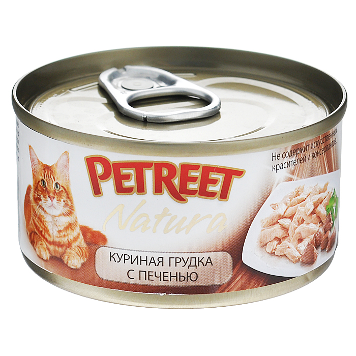 Консервы для кошек Petreet Natura, с куриной грудкой и печенью, 70 гА53520 Консервы для кошек Petreet Natura, с куриной грудкой и печенью, 70 гА53520Полноценный сбалансированный корм для взрослых кошек всех пород. Консервы Petreet в виде нежного паштета изготовлены исключительно из натуральных продуктов и не оставят равнодушным ни одного питомца. В их состав входит до 64% основного компонента - мяса тунца, а это значит, что продукт богат протеином - источником бодрости вашей кошки. Для поддержания здоровья внутренних органов и зрения в состав консервов входит аргинин, таурин и незаменимые жирные кислоты Омега 3 и Омега 6. Идеально подходит для кастрированных и стерилизованных кошек. Основу консервов Petreet Natura с куриной грудкой и печенью, парное белое мясо грудки цыпленка с добавлением печени. При умеренной калорийности в корме содержится высокий уровень белка (21,5%), витаминов и других, незаменимых для кошки веществ. Состав: куриная грудка (68%), куриная печень (4%), рис (2%), крахмал. Анализ: влажность - 84,0%, белок - 15,0%, клетчатка - 0,3%, жир - 1,6%, зола - 0,5%, витамин А - 666 МЕ/кг, витамин D3 - 50...