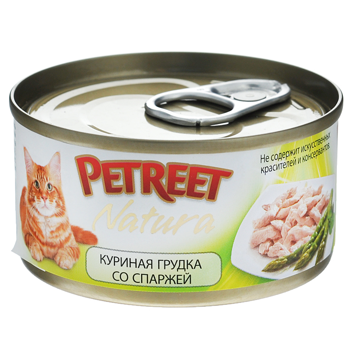 Консервы для кошек Petreet Natura, с куриной грудкой и спаржей, 70 гА53518 Консервы для кошек Petreet Natura, с куриной грудкой и спаржей, 70 гА53518Полноценный сбалансированный корм для взрослых кошек всех пород. Консервы Petreet в виде нежного паштета изготовлены исключительно из натуральных продуктов и не оставят равнодушным ни одного питомца. В их состав входит до 64% основного компонента - мяса тунца, а это значит, что продукт богат протеином - источником бодрости вашей кошки. Для поддержания здоровья внутренних органов и зрения в состав консервов входит аргинин, таурин и незаменимые жирные кислоты Омега 3 и Омега 6. При умеренной калорийности в корме содержится высокий уровень белка (15%). Уникальный высокоусвояемый полноценный гипоаллергенный рацион с низким показателем зольности (0,5%). Идеально подходит для кастрированных и стерилизованных кошек. Основу консервов Petreet Natura с куриной грудкой и спаржей, составляет парное белое мясо грудки цыпленка с добавлением спаржи. Состав: куриная грудка (60%), спаржа (13%), рис (2%), крахмал. Анализ: влажность - 84,0%, белок - 15,0%, клетчатка - 0,3%, жир - 1,6%,...