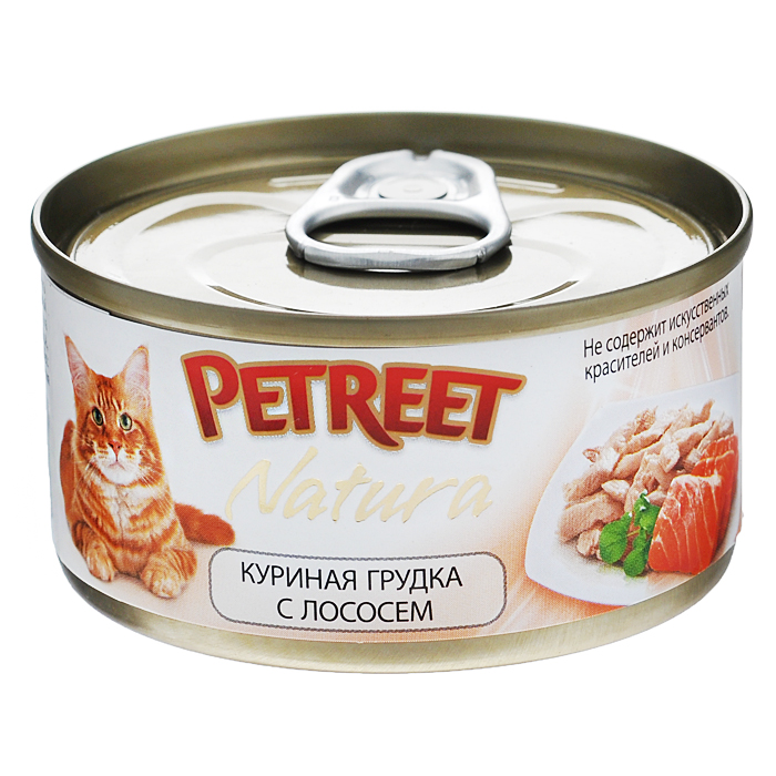 Консервы для кошек Petreet Natura, с куриной грудкой и лососем, 70 гА53517 Консервы для кошек Petreet Natura, с куриной грудкой и лососем, 70 гА53517Полноценный сбалансированный корм для взрослых кошек всех пород. Консервы Petreet в виде нежного паштета изготовлены исключительно из натуральных продуктов и не оставят равнодушным ни одного питомца. В их состав входит до 64% основного компонента - мяса тунца, а это значит, что продукт богат протеином - источником бодрости вашей кошки. Для поддержания здоровья внутренних органов и зрения в состав консервов входит аргинин, таурин и незаменимые жирные кислоты Омега 3 и Омега 6. Идеально подходит для кастрированных и стерилизованных кошек. Основу консервов Petreet Natura с куриной грудкой и лососем, парное белое мясо грудки цыпленка с добавлением лосося. При умеренной калорийности в корме содержится высокий уровень белка (21,4%), витаминов и других, незаменимых для кошки веществ. Состав: куриная грудка (60%), лосось (13%), рис (2%), крахмал. Анализ: влажность - 84,0%, белок - 15,0%, клетчатка - 0,3%, жир - 1,6%, зола - 0,5%, витамин А - 666 МЕ/кг, витамин D3 - 50...