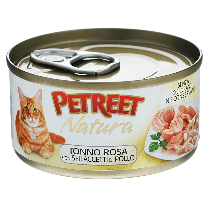 Консервы для кошек Petreet Natura, с куриной грудкой и тунцом, 70 гА53514 Консервы для кошек Petreet Natura, с куриной грудкой и тунцом, 70 гА53514Полноценный сбалансированный корм для взрослых кошек всех пород. Консервы Petreet в виде нежного паштета изготовлены исключительно из натуральных продуктов и не оставят равнодушным ни одного питомца. В их состав входит до 64% основного компонента - мяса тунца, а это значит, что продукт богат протеином - источником бодрости вашей кошки. Для поддержания здоровья внутренних органов и зрения в состав консервов входит аргинин, таурин и незаменимые жирные кислоты Омега 3 и Омега 6. При умеренной калорийности в корме содержится высокий уровень белка (15%). Уникальный высокоусвояемый полноценный гипоаллергенный рацион с низким показателем зольности (0,5%). Идеально подходит для кастрированных и стерилизованных кошек. Основу консервов Petreet Куриная грудка с тунцом составляет парное белое мясо грудки цыпленка с добавлением тунца. Состав: тунец (мин. 60%), бульон (24,7%), куриная грудка (12,5%), рис (2%), крахмал. Анализ: влажность - 84,0%, белок - 15,0%, клетчатка - 0,3%,...