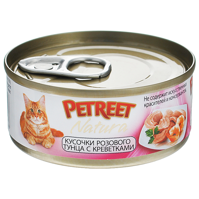 Консервы для кошек Petreet Natura, с кусочками розового тунца и креветками, 70 гА53062 Консервы для кошек Petreet Natura, с кусочками розового тунца и креветками, 70 гА53062Полноценный сбалансированный корм для взрослых кошек всех пород. Консервы Petreet в виде нежного паштета изготовлены исключительно из натуральных продуктов и не оставят равнодушным ни одного питомца. В их состав входит до 64% основного компонента - мяса тунца, а это значит, что продукт богат протеином - источником бодрости вашей кошки. Для поддержания здоровья внутренних органов и зрения в состав консервов входит аргинин, таурин и незаменимые жирные кислоты Омега 3 и Омега 6. Идеально подходит для кастрированных и стерилизованных кошек. Некоторые виды содержат рис, восполняющий недостаток витамина В. В состав консервов входят различные деликатесные добавки в виде морепродуктов, овощей и фруктов, так что можно легко выбрать подходящий вариант даже для самой привередливой кошки Основу консервов Petreet Natura с кусочками розового тунца и креветками, нежное розовое мясо стейковой части тунца с добавлением креветок. При умеренной калорийности в корме содержится высокий уровень...