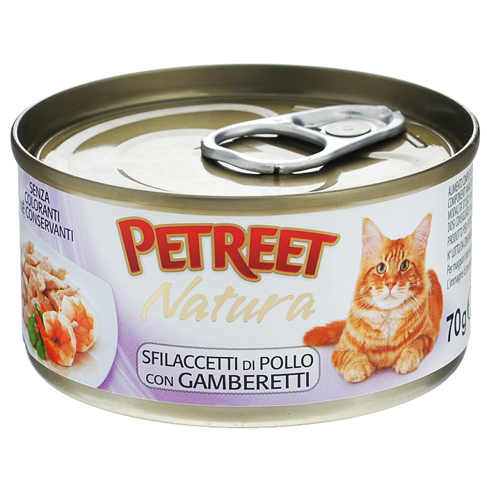 Консервы для кошек Petreet Natura, с куриной грудкой и креветками, 70 гА53516 Консервы для кошек Petreet Natura, с куриной грудкой и креветками, 70 гА53516Полноценный сбалансированный корм для взрослых кошек всех пород. Консервы Petreet в виде нежного паштета изготовлены исключительно из натуральных продуктов и не оставят равнодушным ни одного питомца. В их состав входит до 64% основного компонента - мяса тунца, а это значит, что продукт богат протеином - источником бодрости вашей кошки. Для поддержания здоровья внутренних органов и зрения в состав консервов входит аргинин, таурин и незаменимые жирные кислоты Омега 3 и Омега 6. Идеально подходит для кастрированных и стерилизованных кошек. Основу консервов Petreet Natura с куриной грудкой и креветками, составляет парное белое мясо грудки цыпленка с добавлением креветок. При умеренной калорийности в корме содержится высокий уровень белка (19%), витаминов и других незаменимых для кошки веществ. Состав: куриная грудка (мин. 60%), бульон (24,7%), креветки (13,0%), рис (2%), крахмал. Анализ: влажность - 84,0%, белок - 15,0%, клетчатка - 0,3%, жир - 1,6%, зола - 0,5%,...