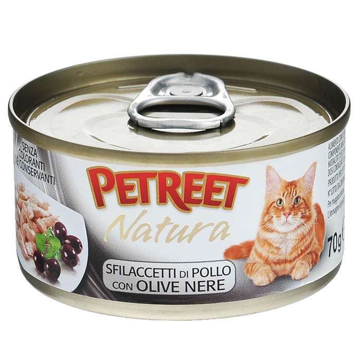 Консервы для кошек Petreet Natura, с куриной грудкой и маслинами, 70 гА53519 Консервы для кошек Petreet Natura, с куриной грудкой и маслинами, 70 гА53519Основу консервов Petreet Natura составляет парное белое мясо грудки цыпленка с добавлением маслин. При умеренной калорийности в корме содержится высокий уровень белка (19,8%), витаминов и других, незаменимых для кошки веществ. Состав: куриная грудка (мин. 60%), бульон (24,7%), маслины (13,0%), рис (2%), крахмал. Анализ: влажность - 84,0%, белок - 15,0%, клетчатка - 0,3%, жир - 1,6%, зола - 0,5%, витамин А - 666 МЕ/кг, витамин D3 - 50 МЕ/кг, витамин Е - 20 МЕ/кг. Вес 70 г. Товар сертифицирован.