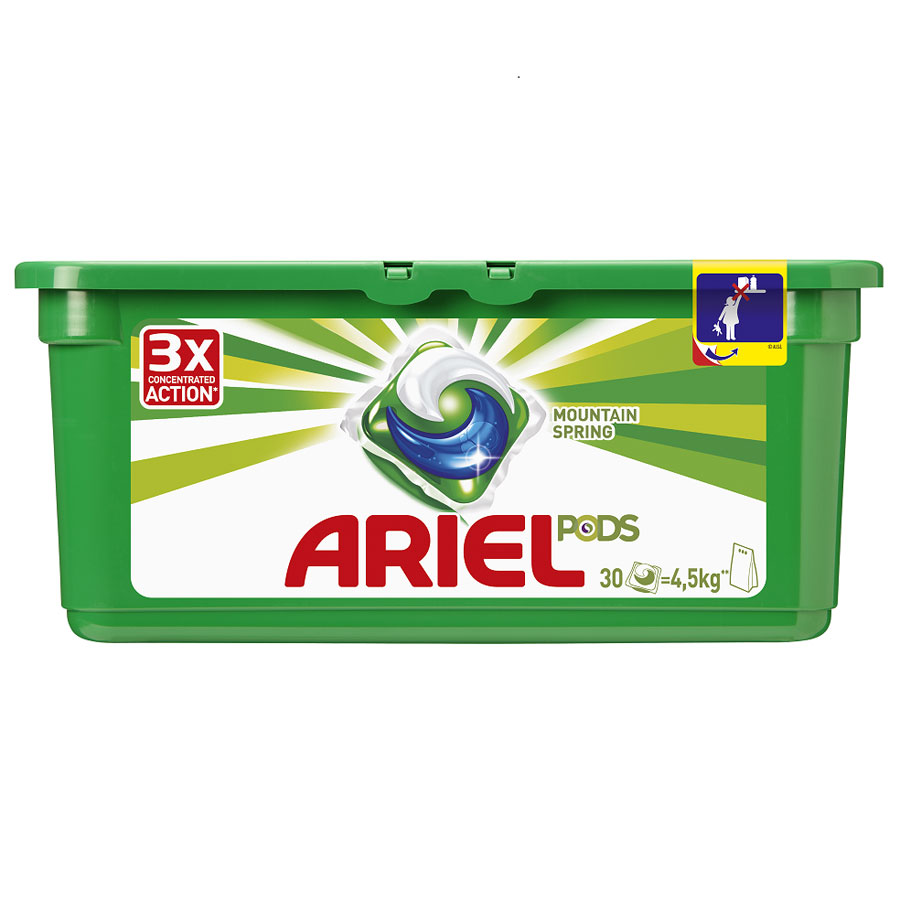 Гель в капсулах Ariel Pods 3в1 Горный родник, 30 штAG-81490432 Гель в капсулах Ariel Pods 3в1 Горный родник, 30 штAG-814904323в1 - очищает, выводит пятна, придает яркость Инновация! Первое средство для стирки с тремя раздельными компонентами, которые работают вместе. Они очищают, выводят пятна и придают тканям яркость. Компоненты находятся в отдельных секциях капсулы, что предотвращает их смешивание до начала стирки. • Первое средство для стирки из 3х компонентов! • Инновационная защитная быстрорастворимая пленка сохраняет компоненты отдельно друг от друга, что предотвращает их смешивание до начала стирки. • Непревзойденная эффективность: Ariel PODS. 3в1 - лучшее жидкое средство для стирки от Ariel. Для наилучшего результата используйте вместе с кондиционером для белья Lenor. Состав: >30% анионные ПАВ; 5-15% неионогенные ПАВ, Мыло; <5% фосфонаты; энзимы, оптические отбеливатели, ароматизаторы, альфа-изометилионон, бензилсалицилат, цитронеллол, кумарин, гексил циннамал, линалоол.