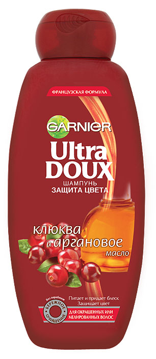 Garnier Шампунь Ultra Doux, Клюква и аргановое масло, защита цвета, для окрашенных или мелированных волос, 400 млC3160114 Garnier Шампунь Ultra Doux, Клюква и аргановое масло, защита цвета, для окрашенных или мелированных волос, 400 млC3160114Настоящий природный рецепт защиты цвета для окрашенных или мелированных волос. Гарньер Ultra Doux использует Аргановое масло, которые является источником питания, и Клюкву, известную своими антиоксидантными и защитными свойствами, для создания кремовой текстуры, которая бережно очищает окрашенные волосы. Результат: Получив необходимое питание, окрашенные волосы становятся мягкими на ощупь. Цвет защищен и сохраняет сияние надолго. Подарите себе мгновение блаженства: Насладитесь насыщенной, тающей текстурой. Ощутите свежий фруктовый аромат. Ваши волосы великолепны, и Вы чувствуете это!