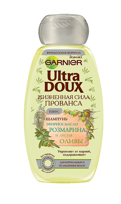 Garnier Шампунь Ultra Doux, Жизненная сила Прованса, Эфирное масло розмарина и листья оливы, для нормальных и ослабленных волос, 200 млC4524913 Garnier Шампунь Ultra Doux, Жизненная сила Прованса, Эфирное масло розмарина и листья оливы, для нормальных и ослабленных волос, 200 млC4524913Прованс, регион на юге Франции, является бесконечным источником натуральных ингридиентов и эфирных масел, известных своими полезными свойствами. Являясь экспертом в отборе натуральных ингридиентов, Ultra Doux объединил в себе жизненную силу растений Прованса для волос, здоровых от корней. Новый рецепт для нормальных и ослабленных волос объединяет в себе эфирное масло розмарина, известное своими укрепляющими свойствами, и известный природный антиоксидант - экстракт из листьев оливы, который оздоравливает волосы по всей длине. Результат: Мягко, но тщательно очищенные, Ваши волосы укреплены от корней до самых кончиков. Нежный аромат Прованса остается на Ваших волосах на весь день. Мягкая формула без парабенов и силикона бережно очищает волосы. Не вызывает привыкания.