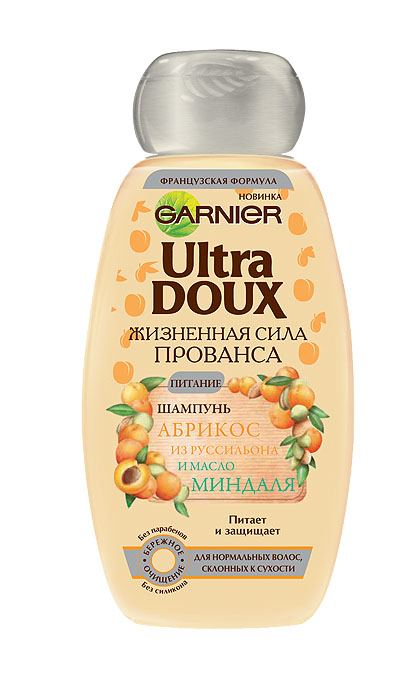 Garnier Шампунь Ultra Doux, Жизненная сила Прованса, Абрикос из Руссильона и масло миндаля, для нормальных волос, склонных к сухости, 200 млC4525013 Garnier Шампунь Ultra Doux, Жизненная сила Прованса, Абрикос из Руссильона и масло миндаля, для нормальных волос, склонных к сухости, 200 млC4525013Прованс, регион на юге Франции, является бесконечным источником натуральных ингридиентов и эфирных масел известных своими полезными свойствами. Являясь экспертом в отборе натуральных ингридиентов, Ultra Doux объединил в себе жизненную силу растений Прованса для волос, здоровых от корней. Новый рецепт для нормальных волос, склонных к сухости, сочетает в себе масло миндаля для глубокого питания и абрикос из Руссильона для защиты волоса от повреждений во всей длине. Результат: Получив глубокое питание, Ваши волосы сияют здоровьем. Они мягкие, эластичные и защищены от корней до самых кончиков. Нежный аромат Прованса остается на Ваших волосах на весь день. Мягкая формула без парабенов и силикона бережно очищает волосы. Не вызывает привыкания.