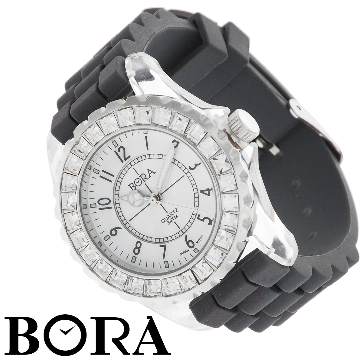 Часы женские наручные Bora. FWBR030 / T-B-2701-WATCH-GREYFWBR030 / T-B-2701-WATCH-GREY Часы женские наручные Bora. FWBR030 / T-B-2701-WATCH-GREYFWBR030 / T-B-2701-WATCH-GREYНаручные женские часы Bora оснащены японским кварцевым механизмом Seiko Instruments. Корпус часов выполнен из пластика и металла с гальваническим покрытием PDV, инкрустирован стразами. Задняя крышка корпуса изготовлена из нержавеющей стали. Циферблат оформлен арабскими цифрами, оснащен тремя стрелками - часовой, минутной и секундной, светящимися в темноте. Каучуковый ремешок имеет классическую застежку.