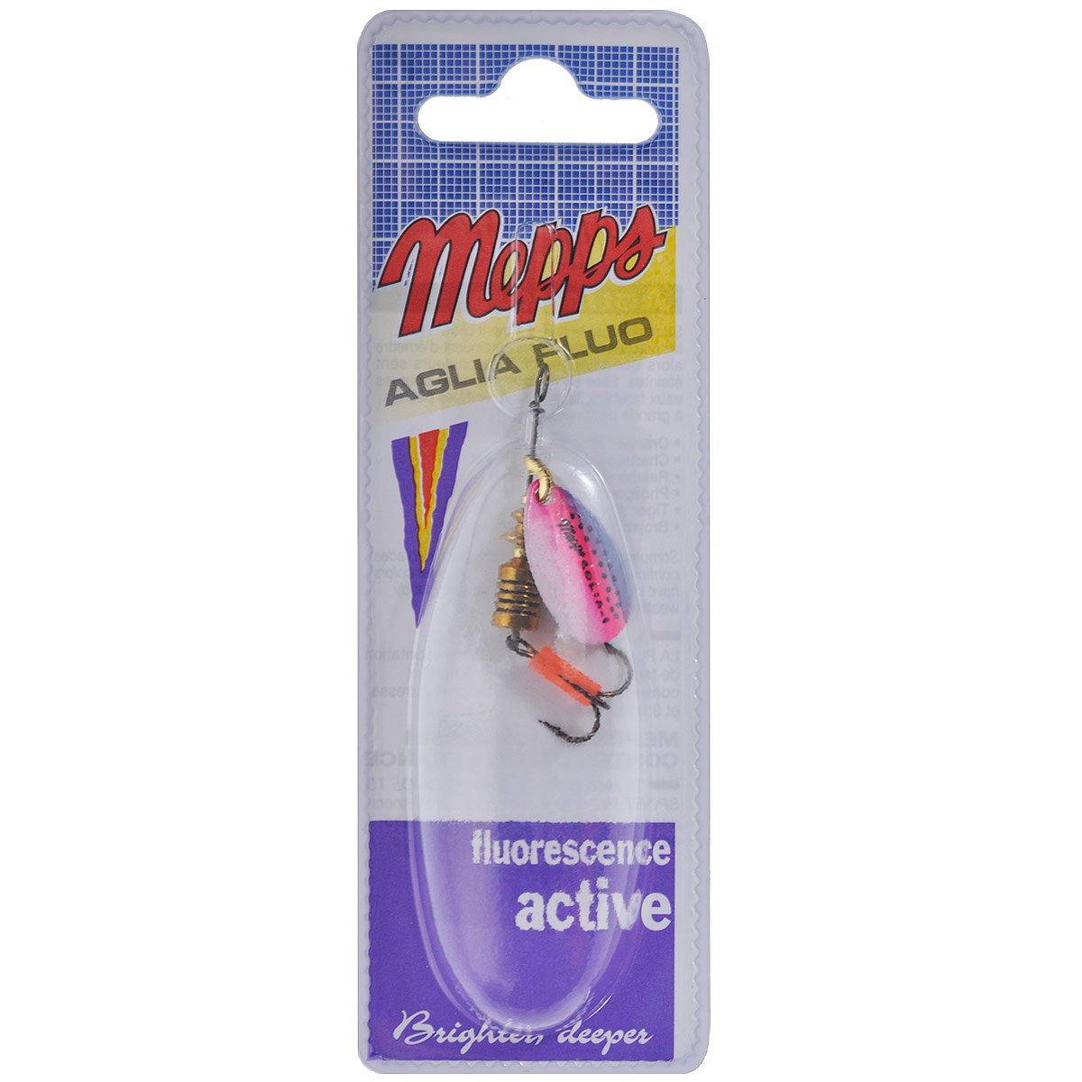 Блесна Mepps Aglia Fluo Rainbow Trout, вращающаяся, №19272 Блесна Mepps Aglia Fluo Rainbow Trout, вращающаяся, №19272Вращающаяся блесна Mepps Aglia Fluo Rainbow Trout выполнена в виде лепестка сиреневого и розового цветов, дающего преимущество при ловле рыбы в темное время суток, на большой глубине и в мутной воде. Такая блесна отлично видна даже при освещении ультрафиолетовыми лучами, доходящими до самых больших глубин. Стимулированная ультрафиолетом, она продолжает еще долго светиться.