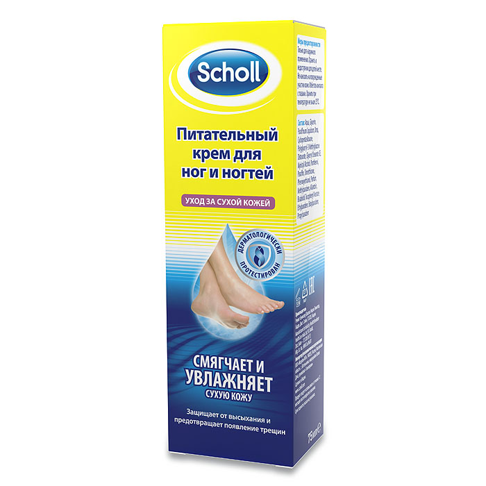 Scholl Крем для ног и ногтей, питательный, для сухой кожи, 75 мл5038483745977 Scholl Крем для ног и ногтей, питательный, для сухой кожи, 75 мл5038483745977Крем для ног Scholl для ног и ногтей защищает кожу от высыхания, образования грубой кожи, натоптышей и предотвращает появление трещин. Содержит аллантоин и провитамин В5, омолаживающие кожу, восстанавливающие ее защитные свойства. Бисаболол успокаивает кожу, оказывает противовоспалительное действие. Витамин Е замедляет процесс старения клеток. Карбамид интенсивно увлажняет кожу. Гипоаллергенен. Дерматологически протестирован. Товар сертифицирован.