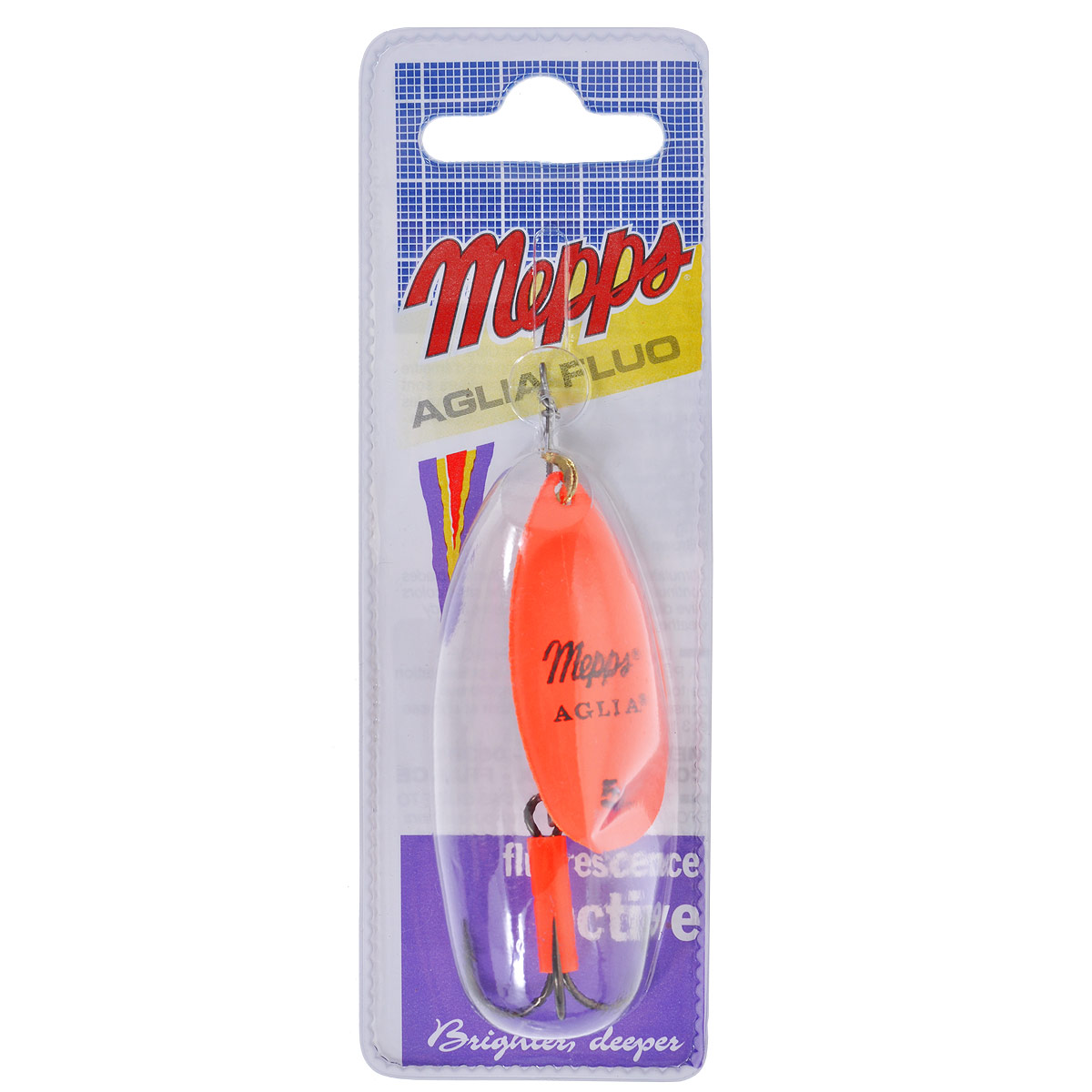 Блесна Mepps Aglia Fluo Orange, вращающаяся, №55776 Блесна Mepps Aglia Fluo Orange, вращающаяся, №55776Вращающаяся блесна Mepps Aglia Fluo Orange выполнена в виде лепестка оранжевого неонового окраса, дающего преимущество при ловле рыбы в темное время суток, на большой глубине и в мутной воде. Такая блесна отлично видна даже при освещении ультрафиолетовыми лучами, доходящими до самых больших глубин. Стимулированная ультрафиолетом, она продолжает еще долго светиться.