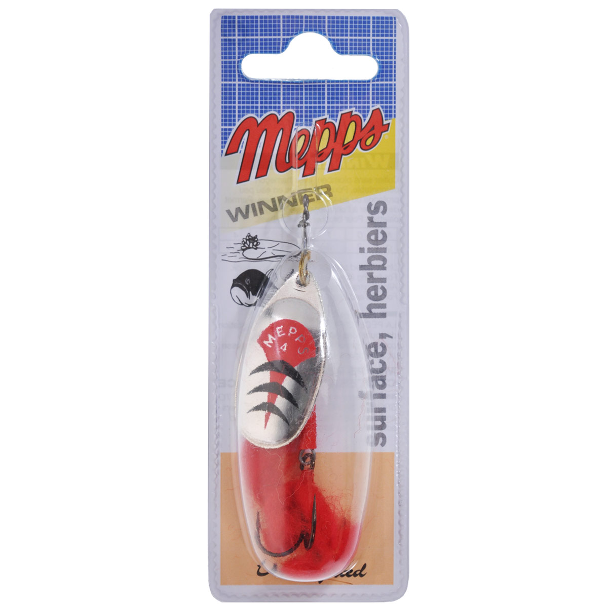 Блесна Mepps Winner AG, вращающаяся, №45799 Блесна Mepps Winner AG, вращающаяся, №45799Облегченная вращающаяся блесна со съемными тройниками Mepps Winner AG превосходно работает у самой поверхности воды, даже при очень медленной проводке. Блесна выполнена в виде серебристого металлического лепестка со специальным двухцветным рисунком и облегченным набором сердечников (отсутствует третий подшипник и груз, которые заменены пластиковой втулкой красного цвета). Также предусмотрена легкая замена тройника, оснащенного ярко-красной опушкой. Такая блесна удобна для рыбалки при проводках на поверхности или водной растительности. Кроме стандартного применения, ее конструкция позволяет установку груза-головки. Идеально подходят для ловли щуки и окуня.
