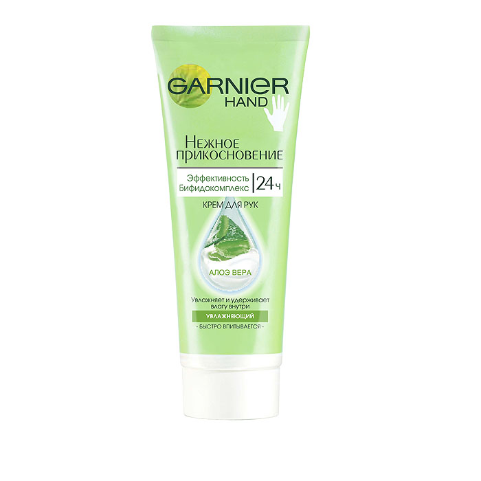 Garnier Крем для рук Нежное прикосновение, с экстрактом алоэ вера, увлажняющий, 75 млC4876100 Garnier Крем для рук Нежное прикосновение, с экстрактом алоэ вера, увлажняющий, 75 млC4876100Крем с уникальным сочетанием активных компонентов, экстракта алоэ вера и бифидокомплекса, интенсивно увлажняет, удерживая влагу в коже.