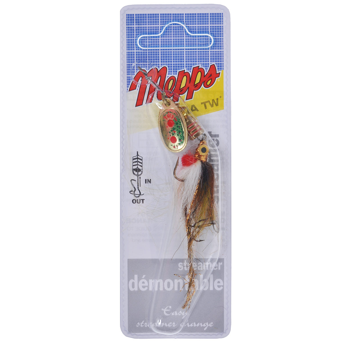 Блесна Mepps Aglia TW Streamer OR, вращающаяся, №14520 Блесна Mepps Aglia TW Streamer OR, вращающаяся, №14520Вращающаяся блесна Mepps Aglia TW Streamer OR - новый вид блесны, снабженной стримером ручной работы на снасти, состоящей из тройника и одинарного крючка. Лучше всего приманка работает при использовании легких удилищ и катушек в сочетании с тонкой леской рыбаком, обладающим навыком дальнего заброса легких приманок. Блесна хорошо себя показывает при проводке умеренной скорости (на быстром течении приманку достаточно удерживать на одном месте). Вибрация, рождающаяся при вращении лепестка, вызывает сложные движения стримера, безотказно привлекающие рыбу. Эффективность приманивающего эффекта усиливается колебанием тела блесны. Через гибкую ось стример связан с передним одинарным крючком и хвостовым тройником. Он сплетен из волокон более чем десяти различных цветов. Особенно выделяются глаза, жабры ярко-красного цвета, маленькие блестки по всему корпусу и боковая линия.