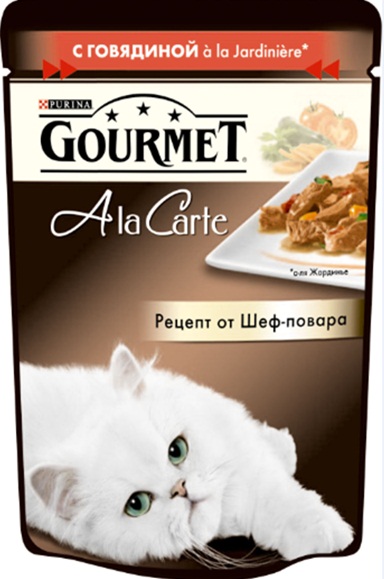 Консервы Gourmet A la Carte, для взрослых кошек, с говядиной a la Jardiniere, с морковью, томатом и цуккини, 85 г83 Консервы Gourmet A la Carte, для взрослых кошек, с говядиной a la Jardiniere, с морковью, томатом и цуккини, 85 г83Корм Gourmet A la Carte – это изысканные блюда, приготовленные по рецептам от шеф-повара. Прекрасное сочетание рыбного или мясного ассорти с тщательно подобранными ингредиентами, такими как овощи, рис или паста, создают утонченную гармонию текстуры и вкуса. Рекомендации по кормлению: Суточная норма: 3-4 пакетика в день для взрослой кошки (средний вес 4 кг), в два приема. Данная суточная норма рассчитана для умеренно активных взрослых кошек, живущих в условиях нормальной температуры окружающей среды. В зависимости от индивидуальных потребностей кошки норма кормления может быть скорректирована для поддержания нормального веса вашей кошки. Подавайте корм комнатной температуры. Следите, чтобы у вашей кошки всегда была чистая, свежая питьевая вода. Состав: мясо и продукты переработки мяса (в том числе говядины), экстракт растительного белка, рыба и продукты переработки рыбы, овощи (в том числе морковь, томат, цуккини) минеральные вещества, сахара,...
