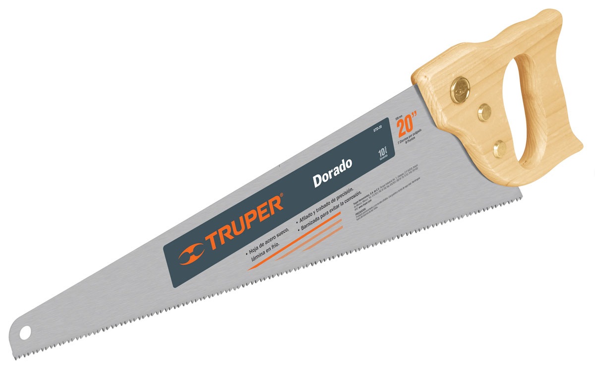 Ножовка по дереву Truper Dorado, 51 смSTD-20 Ножовка по дереву Truper Dorado, 51 смSTD-20Ножовка по дереву Truper Dorado предназначена для пиления заготовок из древесины мягких и твердых пород, фанеры, ДСП, ПХВ. Деревянная рукоятка позволяет точно вести инструмент во время работы. Полотно изготовлено из закаленной высокоуглеродистой стали, благодаря чему оно сохранит остроту долгое время. Длина полотна: 51 см. Общие размеры ножовки: 57 см х 14 см х 2,5 см. Толщина полотна: 0,8 мм. Размер ручки: 17 см х 14 см х 2,5 см.