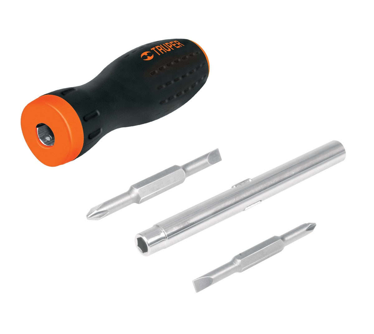 Отвертка шесть в одном Truper DT-4DT-4 Отвертка шесть в одном Truper DT-4DT-4Отвертка Truper включает в себя рукоятку, держатель для бит, 2 двухсторонние биты PH1, PH2, 4,7 мм, 6,3 мм. Биты изготовлены из хром-ванадиевой стали. Эргономичная рукоятка обеспечивает надежный и удобный хват.