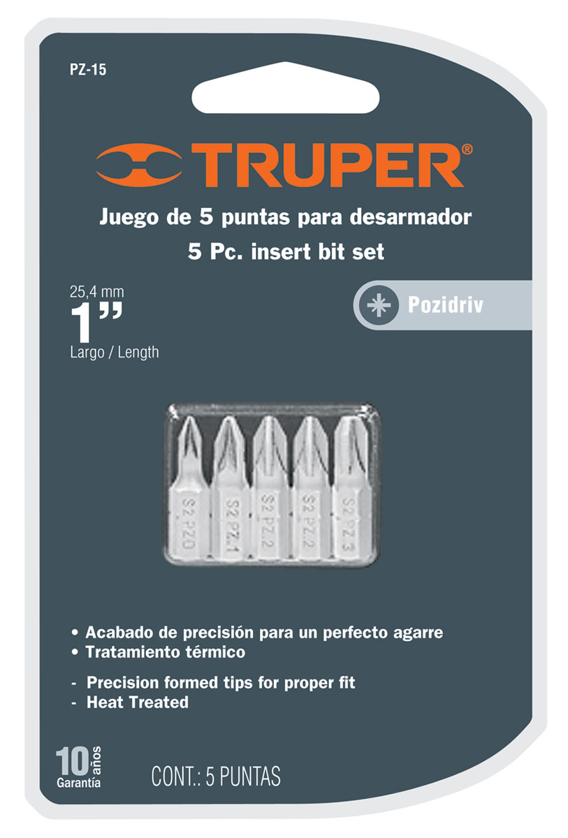 Набор бит Truper, PZ x 25 мм, 5 штPZ-15 Набор бит Truper, PZ x 25 мм, 5 штPZ-15Биты Truper предназначены для монтажа/демонтажа резьбовых соединений. Используются для работы с ручными отвертками, а также с шуруповертами с применением держателя. Компактные и универсальные. В набор входят 5 бит PZ0, PZ1, PZ2 x 2, PZ3 длиной 25 мм.