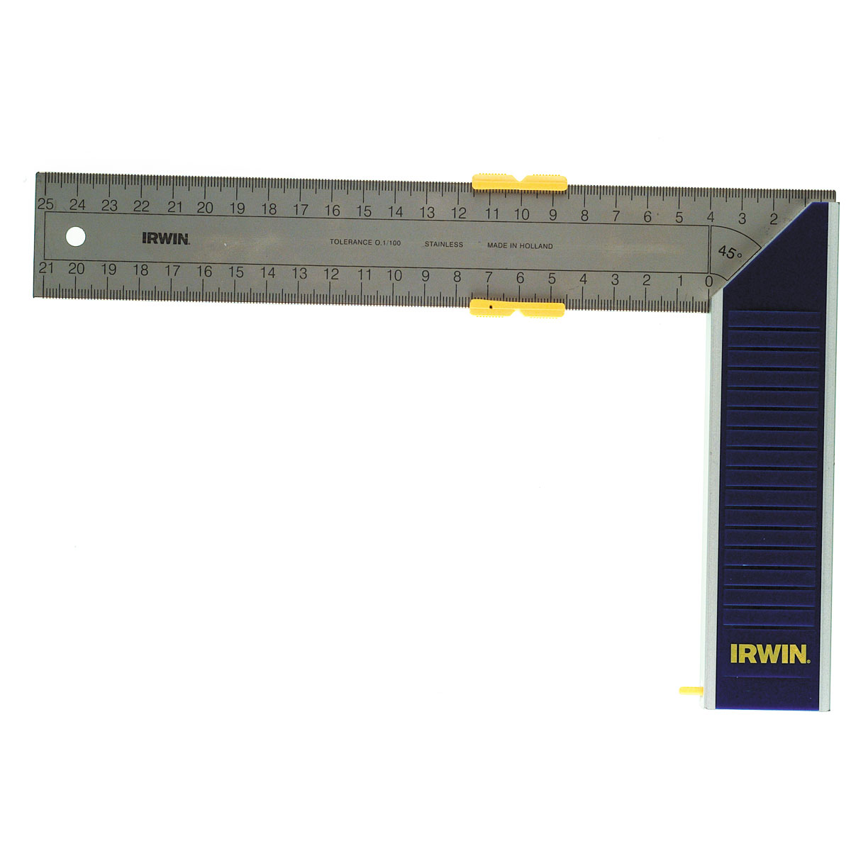 Угольник Irwin с бегунком, длина 25 см10503543 Угольник Irwin с бегунком, длина 25 см10503543Угольник с возможностью точного измерения углов 90° и 45°. Балансировочная шпилька гарантирует точное расположение инструмента на измеряемой поверхности и предотвращает его непроизвольное падение. Бегунок на лезвии облегчает разметку и маркировку измеряемого изделия. Лезвие из нержавеющей стали с погрешностью не более 0,1/100 мм.