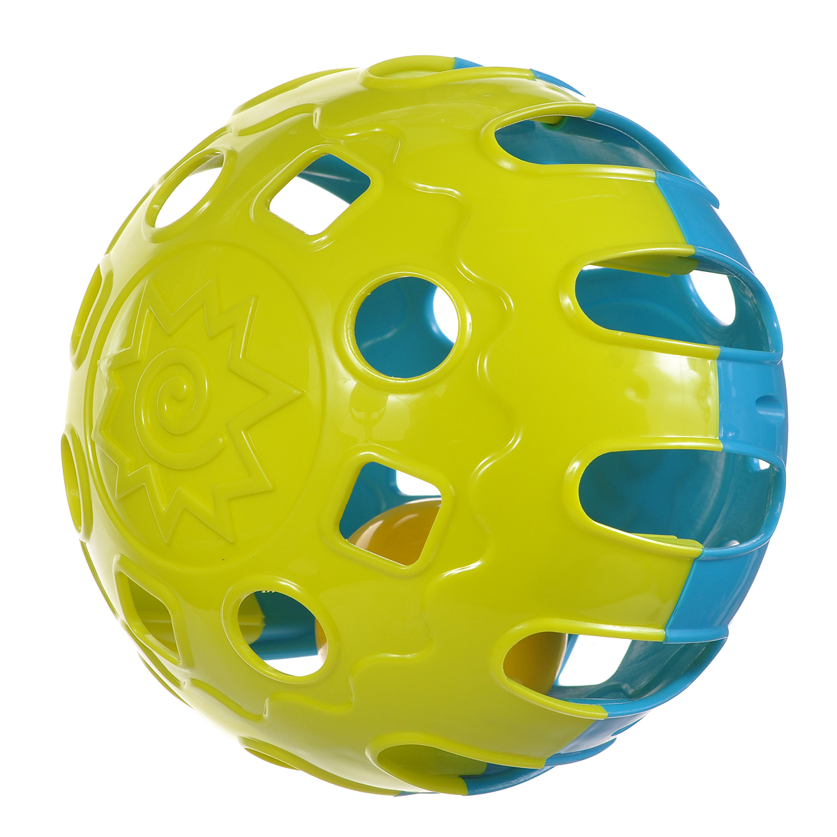 Игрушка-погремушка Happy Baby Шарик Jingle Ball, цвет: синий, желтый, 15 см330062 Игрушка-погремушка Happy Baby Шарик Jingle Ball, цвет: синий, желтый, 15 см330062Яркая игрушка-погремушка Happy Baby Шарик Jingle Ball привлечет внимание вашего малыша и не позволит ему скучать. Игрушка выполнена в виде рельефного шара лимонного и синего цветов, внутри которого расположен маленький шарик, гремящий при тряске. На шаре имеются отверстия в виде геометрических фигур. Игра с погремушкой поможет малышу развить цветовосприятие и звуковосприятие, восприятие формы и размера, мелкую моторику рук, первые навыки ползанья и концентрацию внимания.