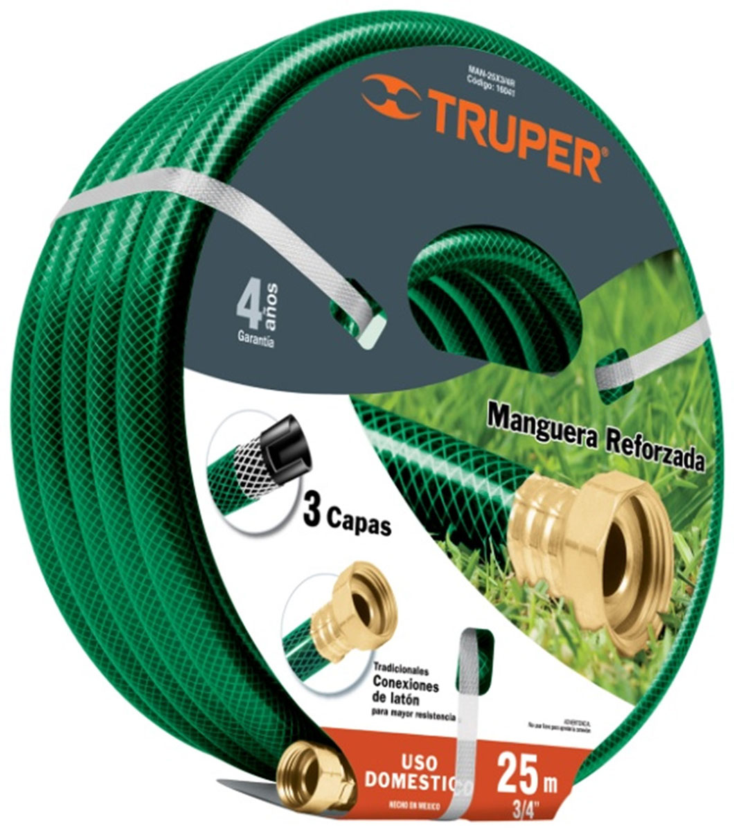 Шланг садовый Truper, трехслойный, 3/4, 25 мMAN-25X3/4R Шланг садовый Truper, трехслойный, 3/4, 25 мMAN-25X3/4RТрехслойный садовый шланг Truper применяется для поливочных работ на приусадебном участке. Изделие, изготовленное из высококачественного полипропилена, устойчиво к воздействиям окружающей среды и образованию водорослей на внутреннем слое. Отсутствие в составе токсичных веществ обеспечивает безопасность для окружающей среды и человека. Имеет длительный срок эксплуатации, не обесцвечивается и не теряет форму со временем. В комплекте латунный коннектор.