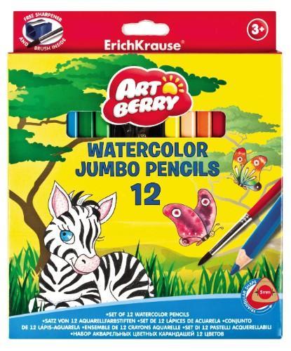 Карандаши Artberry 12цв акварельные треугольные Jumbo с точилкой и кисточкой15718 Карандаши Artberry 12цв акварельные треугольные Jumbo с точилкой и кисточкой15718Цветные карандаши Erich Krause Art Berry - идеальный инструмент для самовыражения и развития маленького художника! В набор входят 12 коротких цветных карандашей и точилка. Корпус изготовлен из древесины, гладкость которой обеспечена многослойной покраской. Эргономичная треугольная форма позволяет правильно держать карандаш. Ребенок легко рисует без усталости и напряжения. Грифели не крошатся при рисовании, при падении не трескаются. Карандаши обладают яркими насыщенными цветами. Они уже заточены, поэтому все, что нужно для рисования - это взять чистый лист бумаги, и можно начинать! Карандаши упакованы в фирменную коробку с европодвесом.