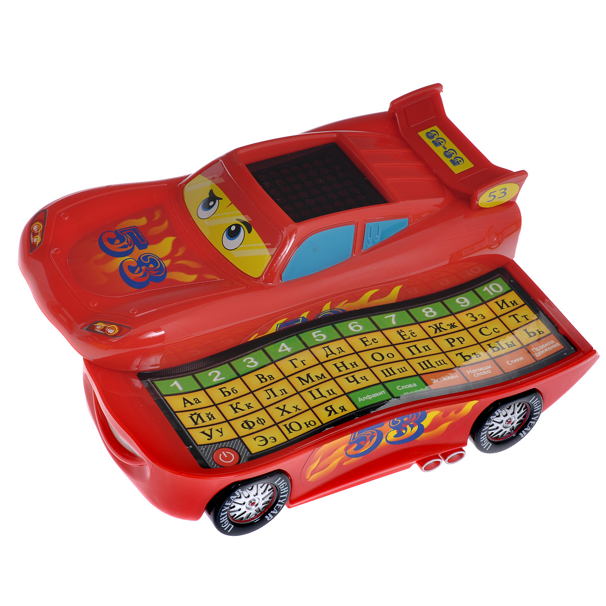 Обучающая игрушка Умка МашинкаQC1157R Обучающая игрушка Умка МашинкаQC1157RОбучающая игрушка-каталка Умка Машинка привлечет внимание вашего ребенка и не позволит ему скучать. Она выполнена из пластика ярких цветов в виде машинки Молнии МакКуина - персонажа популярного мультфильма Тачки. Верхняя часть игрушки сдвигается, открывая клавиатуру с цифрами от 1 до 10 и буквами от А до Я. На крыше машинки расположен квадратный дисплей, на котором будут высвечиваться буквы, цифры и другие символы в зависимости от выбранного режима. Игрушка работает в следующих режимах: алфавит, слова, экзамен, напиши слово, стихи и правила дорожного движения. С их помощью ребенок выучит буквы и цифры, пополнит словарный запас, разовьет музыкальные и сенсорные способности, наглядно-образное мышление и аттестационные способности. Веселая песенка про машинку несомненно поднимет малышу настроение. Порадуйте вашего ребенка таким замечательным подарком! Для работы игрушки необходимы 3 батареи напряжением 1,5V типа АА (товар комплектуется демонстрационными).