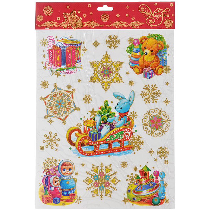 Новогоднее оконное украшение Magic Time Зайчик на санях и игрушки. 3434134341 Новогоднее оконное украшение Magic Time Зайчик на санях и игрушки. 3434134341Новогоднее оконное украшение Magic Time поможет украсить дом к предстоящим праздникам. Яркие изображения в виде зайчика на санях и игрушек нанесены на прозрачную пленку и крепятся к гладкой поверхности стекла посредством статического эффекта. Рисунки декорированы блестками. С помощью этих украшений вы сможете оживить интерьер по своему вкусу. Новогодние украшения всегда несут в себе волшебство и красоту праздника. Создайте в своем доме атмосферу тепла, веселья и радости, украшая его всей семьей.