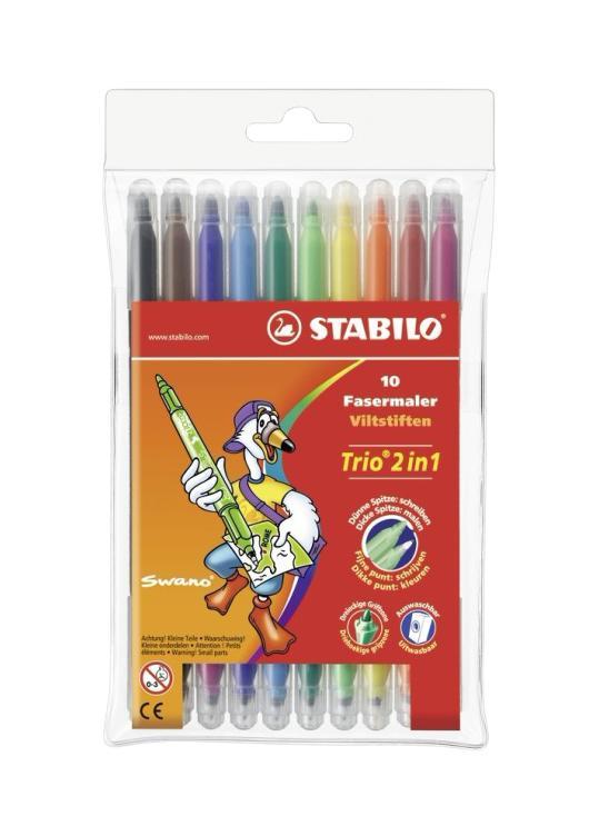 Фломастеры Stabilo Trio 2 in 1, 10 цветов222/10-01 Фломастеры Stabilo Trio 2 in 1, 10 цветов222/10-01Двусторонние фломастеры. Фломастер и капиллярная ручка одновременно. Разработан специально для маленьких детей старше 3 лет. Двусторонний фломастер-ручка для экономии места и денег: тонкий наконечник для письма и набросков, широкий для раскрашивания. Эргономичная трехгранная зона обхвата с обеих сторон. Для удобства и предотвращения потери колпачков их можно прикрепить один на другой. Фломастеры рисуют яркими насыщенными цветами. Чернила на водной основе не имеют запаха, легко отстирываются с любых вдов тканей. Фломастеры соответствуют всем требованиям безопасности, имеют вентилируемый колпачок и не токсичны. Набор 10 цветов.
