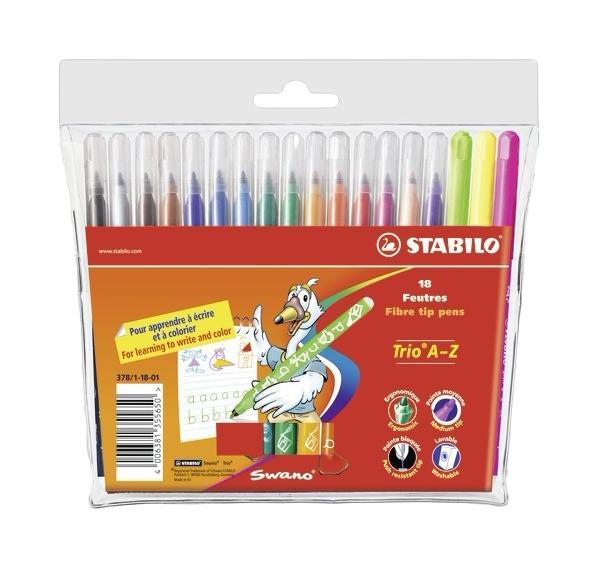 Фломастеры Stabilo Trio A-Z, 18 цветов378/1-18-03 Фломастеры Stabilo Trio A-Z, 18 цветов378/1-18-03Трехгранная форма фломастера предотвращает усталость детской руки при рисовании и позволяет привить ребенку навык правильно держать пишущий инструмент. Фломастеры рисуют яркими насыщенными цветами. Чернила на водной основе не имеют запаха и легко отстирываются водой. Фломастеры соответствуют всем требованиям безопасности, имеют вентилируемый колпачок и не токсичны. Наборы 18 цветов на любой вкус! Тонкий наконечник, толщина линии 0,7 мм.