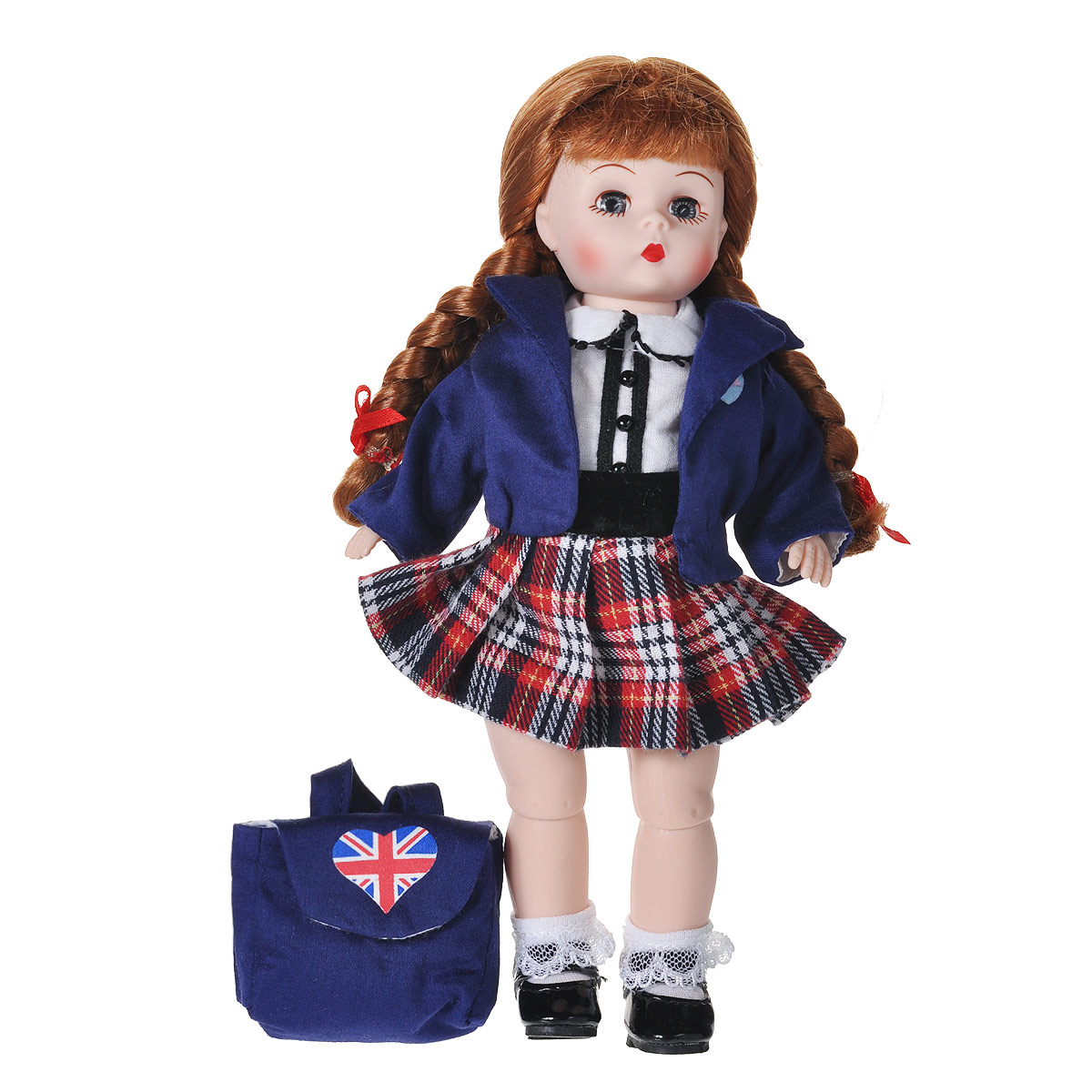 Madame Alexander Кукла Британская школьница64500 Madame Alexander Кукла Британская школьница64500Кукла Madame Alexander Британская школьница - очаровательная кукла с личиком Венди, с голубыми глазами и длинными заплетенными в две косички волосами. Одета кукла в школьную форму, которая представляет собой темно-синий пиджак, белую блузку и плиссированную клетчатую юбку. Воротничок и планка блузки украшены сутажом и черными кнопками. На ногах кружевные носочки и черные ботиночки. На спине темно-синий рюкзачок с британской символикой. Если куколку положить на спинку, то ее глазки закроются.