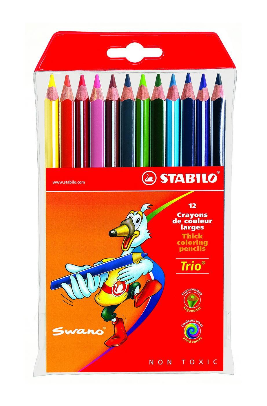 Набор цветных карандашей Stabilo Trio, 12 цветов203/12-03 Набор цветных карандашей Stabilo Trio, 12 цветов203/12-03Серия утолщенных трехгранных цветных карандашей Stabilo Trio. Трехгранная форма карандаша предотвращает усталость детской руки при рисовании и позволяет привить ребенку навык правильно держать пишущий инструмент. Подходят для правшей и для левшей. Утолщенный грифель, особо устойчивый к поломкам. В состав грифелей входит пчелиный воск, благодаря чему карандаши легко рисуют на бумаге, не царапая ее и не крошась.