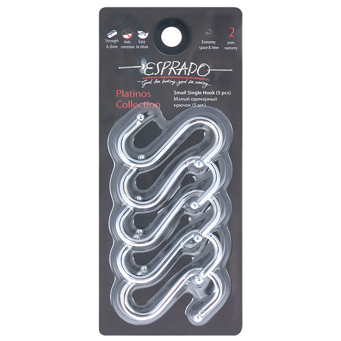 Крючок большой Esprado Platinos, для рейлинга, 6,5 см, 5 шт0010407E206 Крючок большой Esprado Platinos, для рейлинга, 6,5 см, 5 шт0010407E206Большой крючок Esprado Platinos изготовлен из стали с никель-хромовым покрытием. Такое покрытие продлевает срок службы металлических аксессуаров, обеспечивает высокую стойкость к коррозии и сохраняет их платиновый блеск таким же ярким, как в день покупки. Изделие легко чистить: достаточно протереть влажной салфеткой без использования абразивных и хлорсодержащих веществ. В комплекте - 5 крючков. Предназначены для крепления к рейлингу.