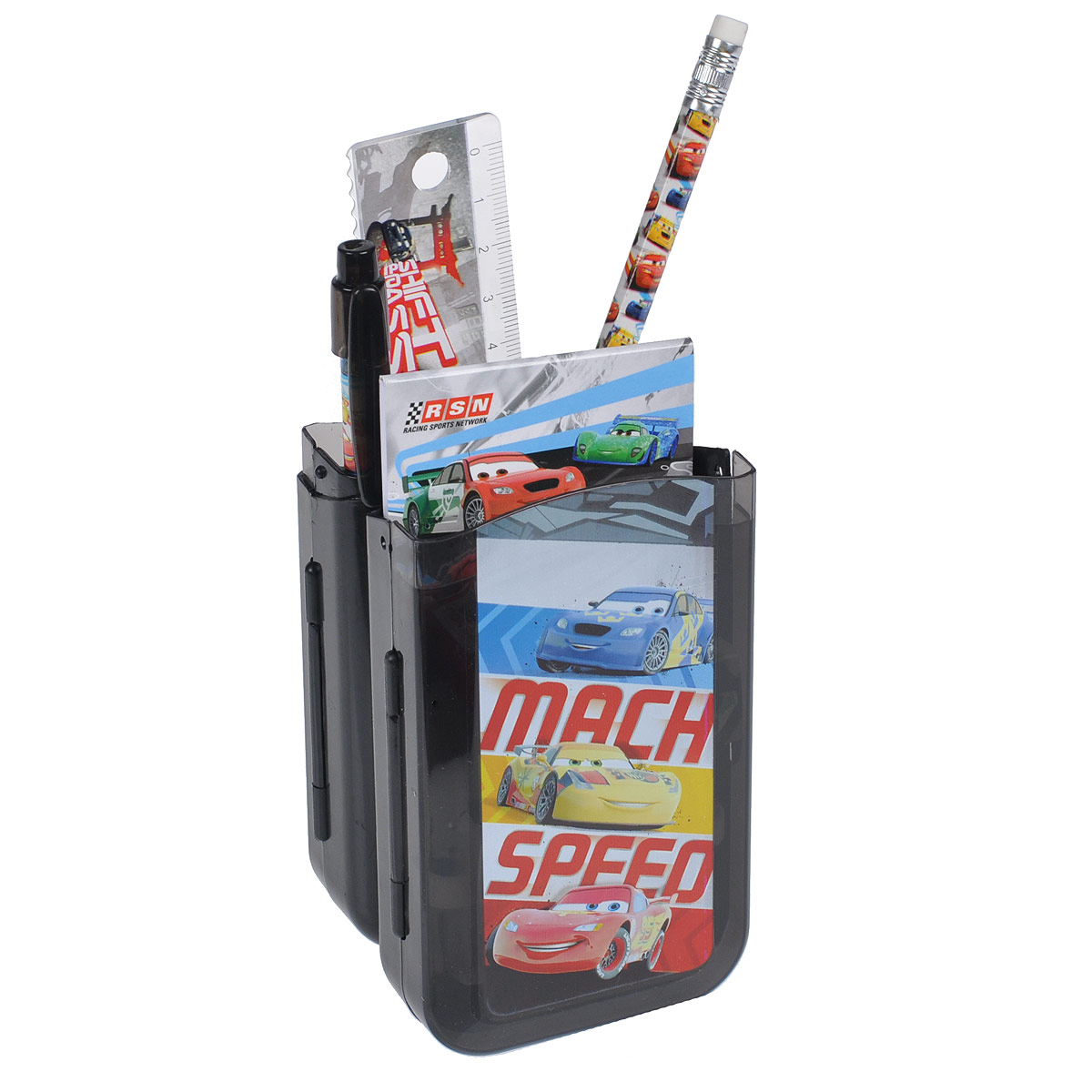Канцелярский набор Cars, 7 предметов. CRAB-US1-75409-HCRAB-US1-75409-H Канцелярский набор Cars, 7 предметов. CRAB-US1-75409-HCRAB-US1-75409-HКанцелярский набор Cars станет незаменимым атрибутом в учебе любого школьника. Он включает в себя пластиковый пенал, чернографитный карандаш с ластиком, автоматическую ручку, ластик, точилку, пластиковую линейку 15 см и небольшой блокнотик. Пенал снабжен поднимающейся подставкой для пишущих принадлежностей. Он раскрывается в центре, секции разворачиваются, и пенал можно использовать в качестве стакана для канцелярских принадлежностей. Ручка снабжена прорезиненной вставкой в области захвата, подача стержня производится путем нажатия на кнопку в верхней части ручки. Блокнотик дополнен картонной обложкой, внутренний блок содержит листы с печатью. Все предметы набора оформлены изображениями персонажей популярного мультфильма Тачки (Cars).