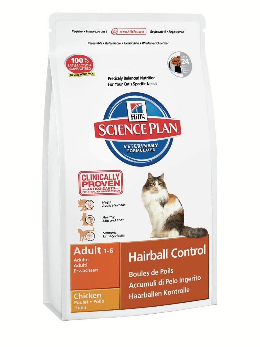 Корм сухой для кошек Hills Hairball Control, для вывода шерсти из желудка, с курицей, 300 г5284 Корм сухой для кошек Hills Hairball Control, для вывода шерсти из желудка, с курицей, 300 г5284Сухой корм Hills разработан специально для снижения риска формирования комков шерсти и обеспечения всеми питательными веществами взрослых кошек с момента полового созревания (12 месяцев) и до 6 лет. Высокий уровень растительных волокон способствует выведению поглощенной шерсти из пищеварительной системы, тем самым, сокращая вероятность образования комков шерсти и последующей регургитации или рвоты. Состав: курица (минимум 46% курицы, 62% общего содержания мяса домашней птицы): мука из мяса домашней птицы, молотая кукуруза, животный жир, мука из маисового глютена, целлюлоза, молотый рис, калия хлорид, гидролизат белка, растительное масло, кальция сульфат, соль, DL-метионин, таурин, витамины и микроэлементы. Содержит натуральные консерванты - смесь токоферолов, лимонную кислоту и экстракт розмарина. Средний анализ: белок 31,1%, жир 20,1%, углеводы 27,6%, клетчатка 7,5%, влага 8,5%, кальций 0,82%, фосфор 0,65%, натрий 0.31 %, витамин А 10200 МЕ/кг, витамин D3...