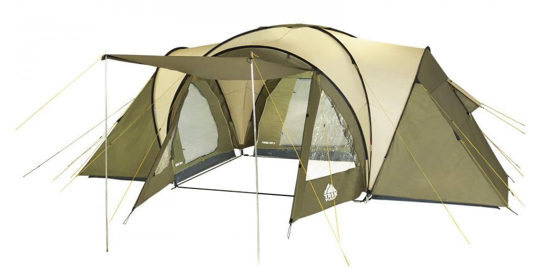 Палатка шестиместная Trek Planet Florida Tripl 6, цвет: хаки70224 Палатка шестиместная Trek Planet Florida Tripl 6, цвет: хаки70224Шестиместная двухслойная семейная палатка TREK PLANET Florida Tripl 6 с тремя спальными отделениями, отличной вентиляцией, огромным и высоким внутренним помещением между спальными отделениями - отличный выбор для большого семейного кемпинга и отдыха на природе. ОСОБЕННОСТИ МОДЕЛИ: - Тент палатки из полиэстера с пропиткой PU надежно защищает от дождя и ветра. - Все швы проклеены. - Большое и высокое внутреннее помещение между спальными отделениями палатки, где свободно размещается кемпинговый стол и стулья на 6 человек. - Эффективная потолочная система вентиляции. - Большой выносной козырек на металлических стойках. - Дно из прочного водонепроницаемого армированного полиэтилена позволяет устанавливать палатку на жесткой траве, песчаной поверхности, глине и т.д. - Дуги из прочного стекловолокна. - Внутренние палатки из дышащего полиэстера, обеспечивают вентиляцию помещения и позволяют конденсату испаряться, не проникая...