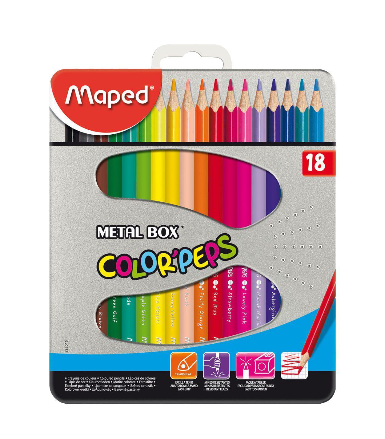 Карандаши цветные Maped Color Peps, в металлическом футляре, 18 цветов832015 Карандаши цветные Maped Color Peps, в металлическом футляре, 18 цветов832015В процессе рисования у малышей развивается наглядно-образное мышление, воображение, мелкая моторика рук, творческие и художественные способности, вырабатывается усидчивость и аккуратность. Набор содержит карандаши 18 ярких насыщенных цветов, упакованных в прочный металлический футляр. Все карандаши предварительно заточены. Цветные карандаши Color Peps разработаны специально для самых маленьких художников, которые только начинают свой творческий путь. Эргономичный трехгранный корпус из американской липы особенно удобен для маленьких детских ручек. Специальное покрытие и многослойная лакировка уменьшают скольжение, что делает процесс рисования максимально комфортным. Мягкий, ударопрочный грифель не ломается и не крошится при заточке. В процессе рисования у малышей развивается наглядно-образное мышление, воображение, мелкая моторика рук, творческие и художественные способности, вырабатывается усидчивость и аккуратность. Набор содержит карандаши...