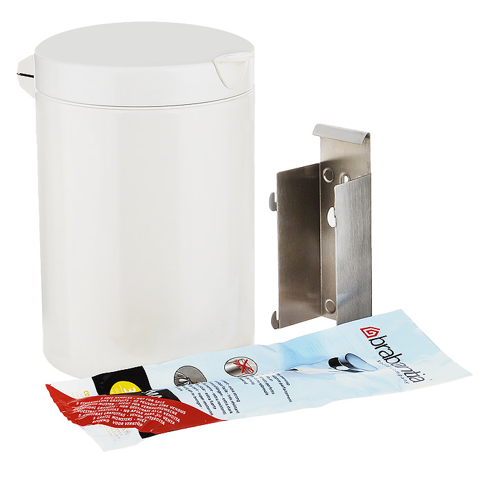 Мусорный бак Brabantia, настенный, цвет: белый, 3 л. 218668218668 Мусорный бак Brabantia, настенный, цвет: белый, 3 л. 218668218668Компактный мусорный бак Brabantia изготовлен из коррозионностойкой стали с покрытием белого цвета. Идеально подходит для ванной комнаты и туалета! Крышка плотно прилегает к баку, надежно удерживая запах внутри. Съемное внутреннее ведро из пластика легко моется. Быстро и просто крепится к стене, при необходимости легко вынимается из кронштейна. Крепежные материалы входят в комплект. Для модели подходят мусорные мешки Brabantia (размер A).