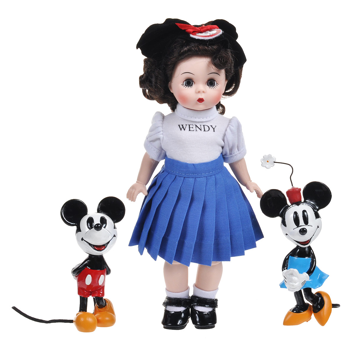 Madame Alexander Игровой набор с куклой Мини-маус Микки-маус и Венди60725M Madame Alexander Игровой набор с куклой Мини-маус Микки-маус и Венди60725MНабор кукол Madame Alexander Мини-маус, Микки-маус и Венди станет прекрасным украшением любой коллекции. В набор входят три куколки - мышки Микки Маус, Минни, выполненные как в старом диснеевском мультфильме, и Венди. Чудесная куколка с темными волосами одета в белую блузку с рукавами-фонариками и синюю юбку в складку. На ее ногах - белые носочки и черные лакированные туфельки. Голову Венди украшает милый ободок с ушками. Реалистичные глазки куклы закрываются, если положить ее на спину.