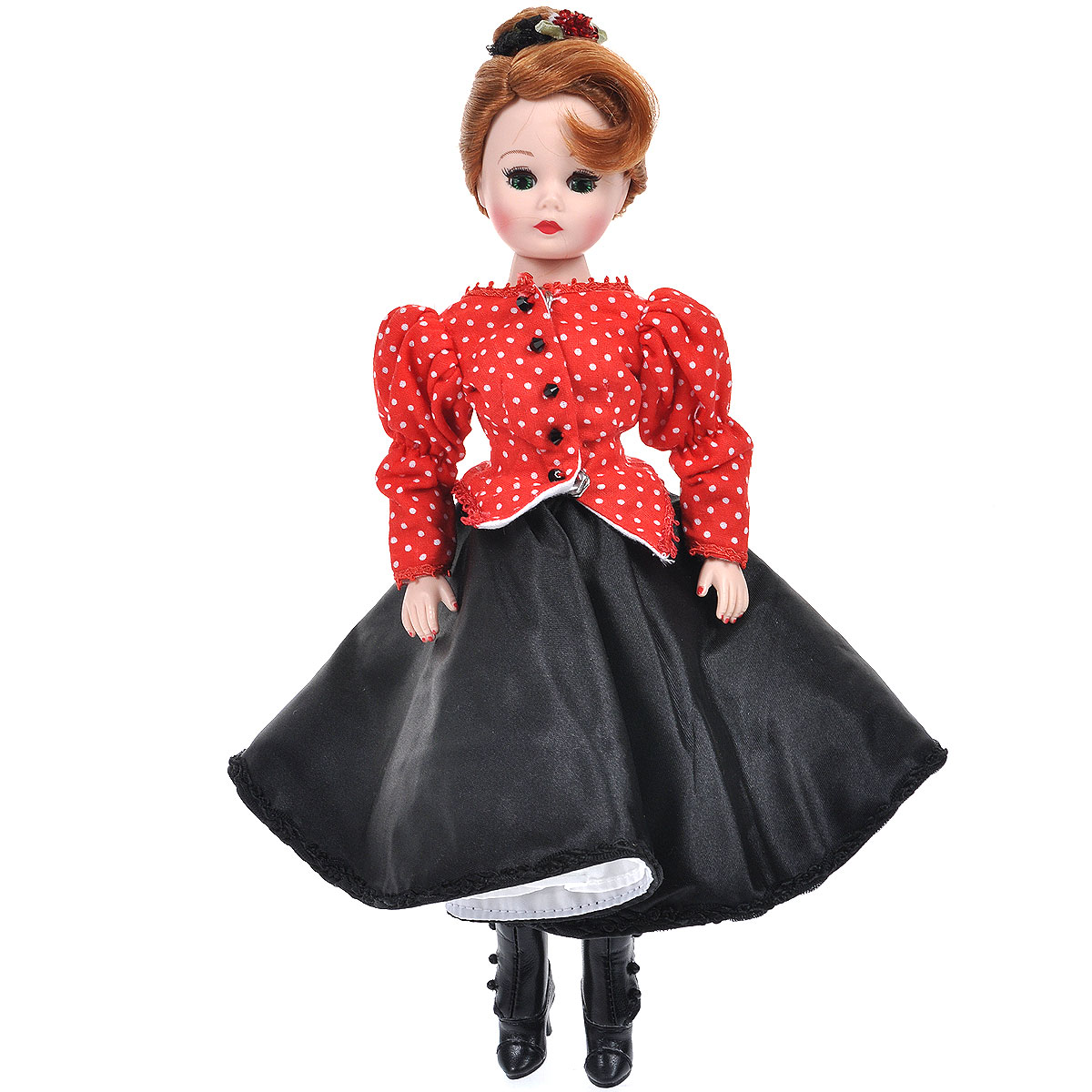 Madame Alexander Кукла Танцовщица Мулен Руж64365 Madame Alexander Кукла Танцовщица Мулен Руж64365Кукла Madame Alexander Танцовщица Мулен Руж станет прекрасным украшением любой коллекции. Она посвящена знаменитой танцовщице Мулен Руж Ла Гулю. Это кукла с личиком Сисси, зелеными глазами и рыжими волосами, собранными во французский пучок. На ней платье для танца Канкан стиля 1890х. Верх платья - красный в белый горошек с рукавами лег о муттон. Низ - длинная черная юбка с многослойной белоснежной воздушной подкладкой. Из деталей - черные бусины-пуговицы, отделка краев пико, маленький бантик на спине, черные полусапожки, черные чулки в полоску, которые держатся на ногах при помощи красных подвязок, белые окантованные тесьмой панталончики и красная розочка из пайеток для волос. Реалистичные глазки куклы закрываются, если положить ее на спину. Все сочленения куклы подвижны.