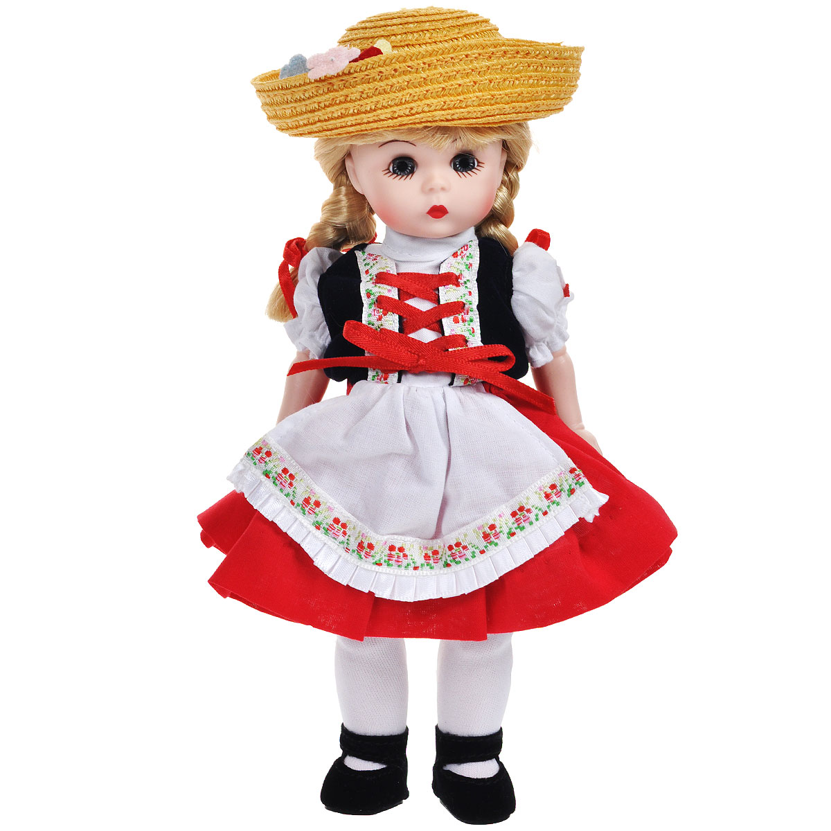 Madame Alexander Кукла Хейди64555 Madame Alexander Кукла Хейди64555Кукла Madame Alexander Хейди станет прекрасным украшением любой коллекции. Хейди - голубоглазая блондинка с двумя косами, перевязанными красными ленточками, одета в костюм в национальном швейцарском стиле, состоящий из белой блузки, жилетки, красной юбочки с белым кружевным подъюбником и белого передника. На ее ножках - белые колготы и черные бархатистые туфельки с ремешками. Соломенная шляпа с загнутыми полями, украшенная цветами, дополняет образ. Реалистичные глазки куклы закрываются, если положить ее на спину.